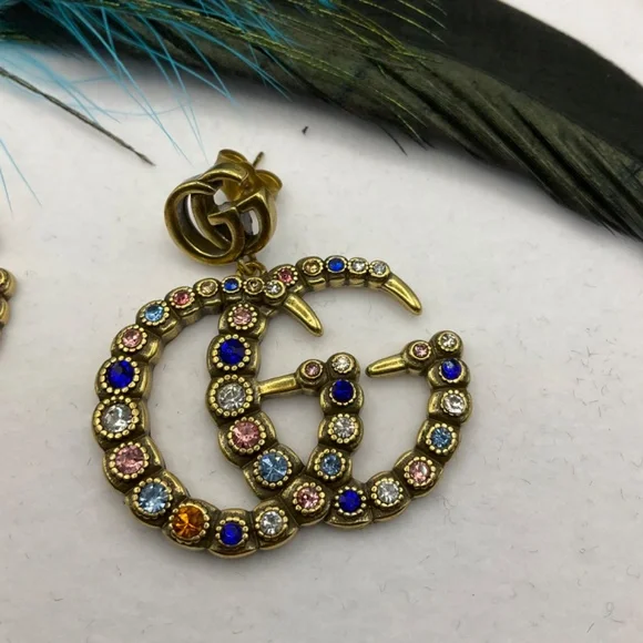 Gold GG Marmont Colorful Crystals Dangle Earrings - Picture 3 of 9